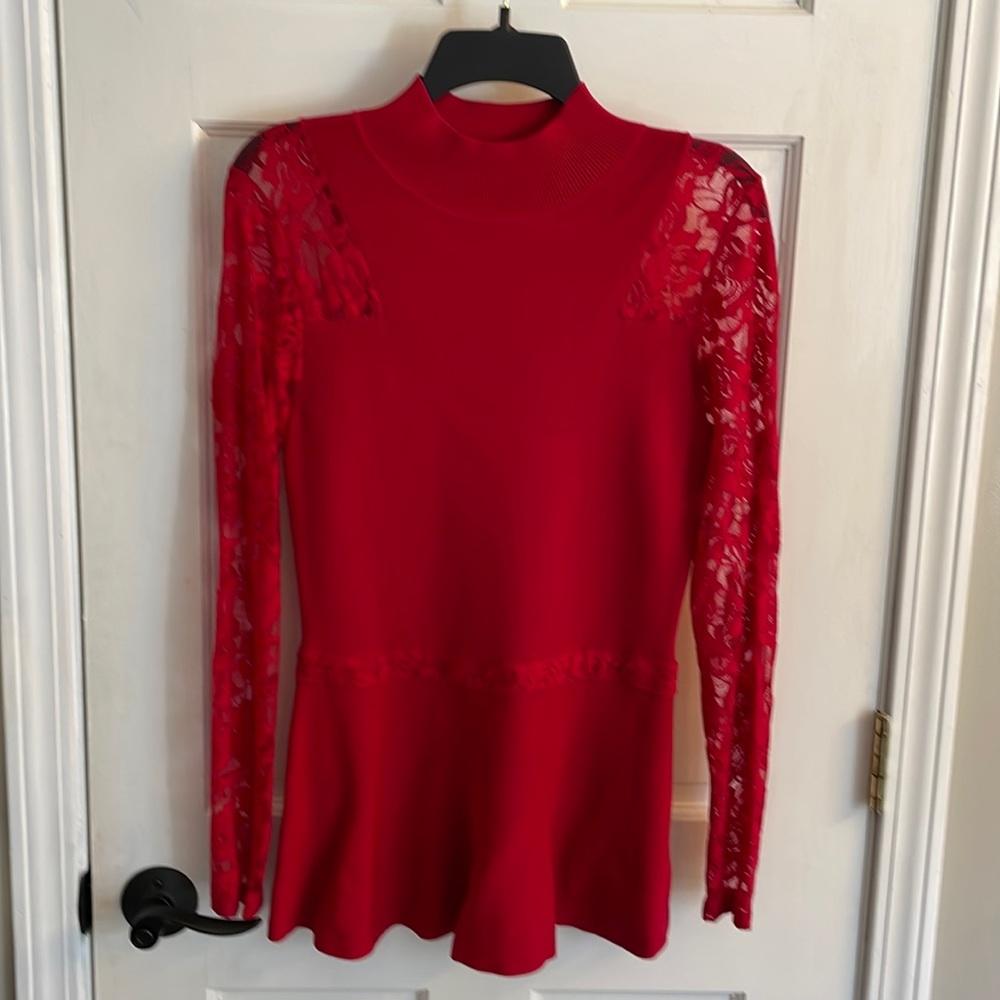 INC International Concepts Red Lace Sleeve Top